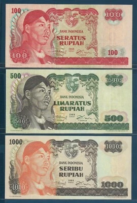 Indonesia 100 500 1000 Rupiah 3 Pcs Lot, 1968, P 108 109 110, UNC - Image 1 of 2