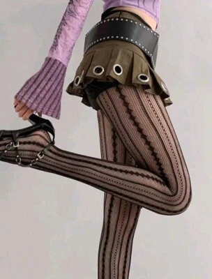 Womens Patterned Tights Pantyhose Vintage Retro Romantic Striped Twist Design - Image 1 of 4