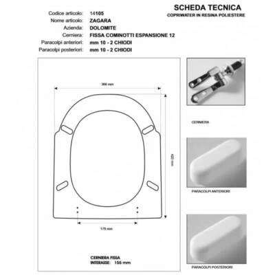 Copriwater Dolomite  ZAGARA BIANCO Cerniera Cromo-Sedile-Asse Wc - Immagine 1 di 2