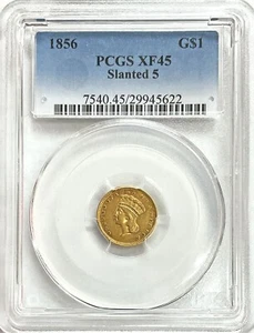 1856 GOLD USA SLANTED 5 PRINCESS HEAD $1 DOLLAR PCGS EXTREMELY FINE 45 - Picture 1 of 2