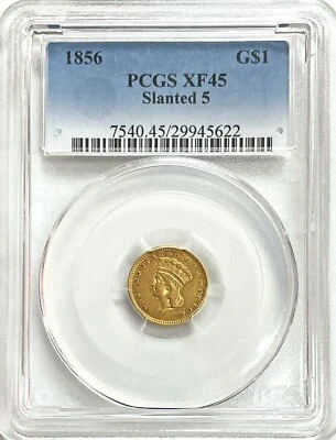 1856 GOLD USA SLANTED 5 PRINCESS HEAD $1 DOLLAR PCGS EXTREMELY FINE 45 - Image 1 of 2