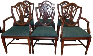 Chairs, Shield Back, Dining, Set of 6,  Mahogany, Green Uphol., Vintage, 1900s! - Picture 1 of 5