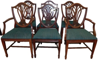 Chairs, Shield Back, Dining, Set of 6,  Mahogany, Green Uphol., Vintage, 1900s! - Image 1 of 4