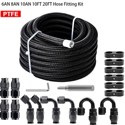 6AN-8AN-10AN Nylon Braided PTFE Fuel Line 10FT 20FT with 16 Fitting Hose Kit Foto 1 de 4