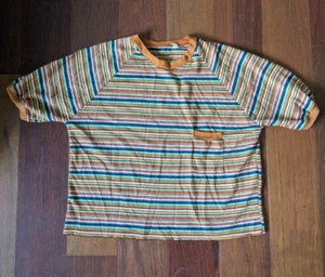 Striped Vintage Tee 70's Rainbow Small Cropped Puff Sleeve Pocket - Picture 1 of 5