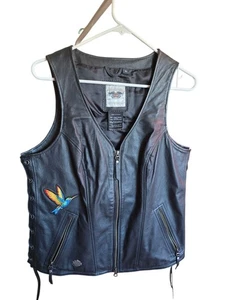 Harley-Davidson Women’s Leather Vest XL Lace-Up Sides Embroidered Logo Hummingbi - Picture 1 of 5