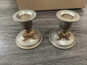 Vintage Pair of 3" Silver plated Candle Stick Holders With Gild Bow Accent - Picture 1 of 4