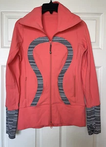 Lululemon In Stride Jacket Size 4 Coral Coal Strata Stripe Thumbholes - Picture 1 of 7