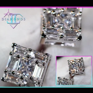 Princess Cut Diamond Ear Studs, Baguette Diamond Ear Studs, Iced Out Ear Studs - Picture 1 of 11