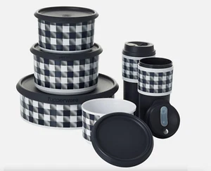 New TUPPERWARE White & Black BUFFALO PLAID Canisters & Commuter Mugs Set - Picture 1 of 1
