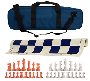 Juego de ajedrez de lujo de peso único azul marino - tablero, bolsa con piezas naranjas y blancas - Imagen 1 de 5