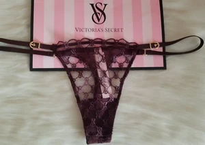 VICTORIA'S SECRET VS LOGO BORDADO TANGA PANTY IMITACIÓN CUERO MARRÓN BORGOÑA LRG - Imagen 1 de 16
