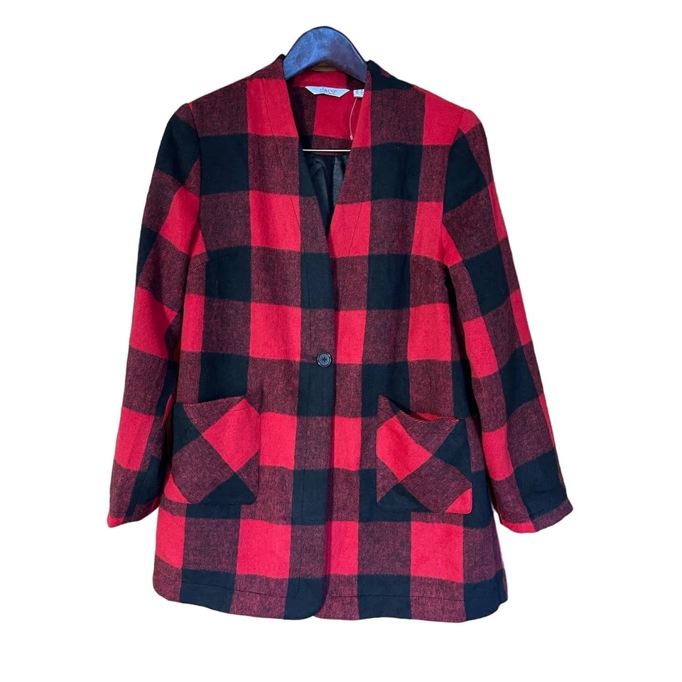 Denim & Co. Red Black Fleece Lumberjack Relaxed Long Sleeve Coat Jacket Med NWOT - Image 1 of 4