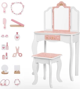 Kids Vanity Set with Mirror & Stool Wooden Makeup Dressing Table Pink - Bild 1 von 9