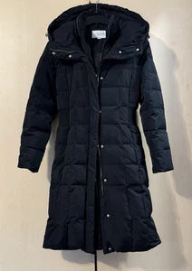 COLE HAAN Black Taffeta Down Insulated Long Coat Hooded Puffer Parka Jacket *S - Picture 1 of 18