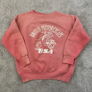 Vintage 50's 60's United Motocycles BSA Flock Sweatshirt Flocked Print Faded Red - Picture 1 of 17