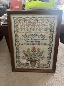 Vtg Cross Stitch on Linen Sampler Laughter brings sunshine into the home Framed - Picture 1 of 1