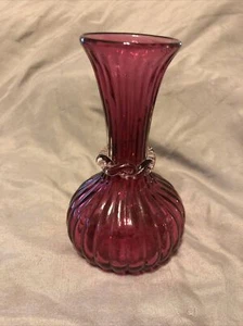 Rare Pilgrim Cranberry Glass Pinstripe Vase with Applied Clear Glass Accent - Picture 1 of 9