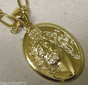 Herren Dame Oval Christus Gesicht Charm & 24 Zoll 6mm Figarokette Gelbgold Vergoldet Set - Bild 1 von 5