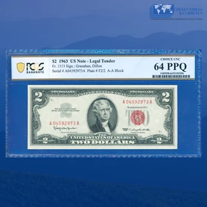 Fr.1513 1963 $2 Two Dollars Legal Tender Note Red Seal, PCGS CU 64 PPQ #92973 - Picture 1 of 2