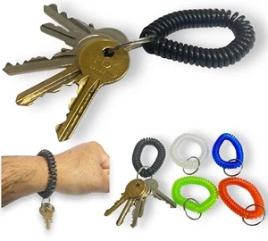 Spiral Keychain Plastic Wrist Coil Keyring Wristband Key Holder Black , blue etc - Picture 1 of 8