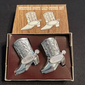 VTG California SILVER COWBOY BOOTS Metal SALT AND PEPPER SHAKER Collectible Set - Picture 1 of 5