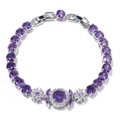 New Summer Party Jewelry Round Purple Amethyst Gemstone Silver Women Bracelets - Image 1 of 4