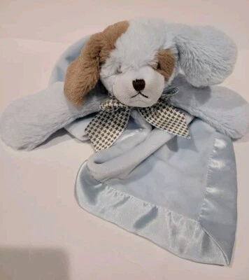 Bearington Puppy Dog Lovey Security Blanket Baby Brown Blue Satin Trim Backing - Image 1 of 4