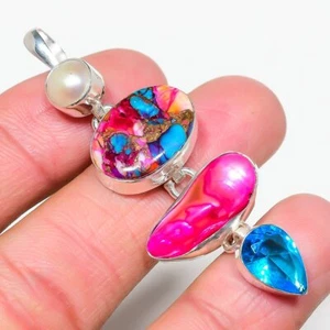 Colgante Kingman Rosa Turquesa, Perla Biwa y Topacio Piedras Preciosas Plata de Ley 2.3" - Imagen 1 de 4