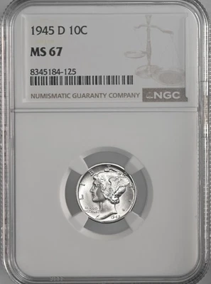 1945-D  10C  MERCURY SILVER DIME  "DENVER MINT"  NGC MS67 #8345184-125 - Image 1 of 4
