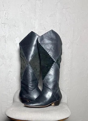 Vintage1970's-80's Black Leather x Suede Slouchy Patchwork Boots size 9.5 - Image 1 of 4