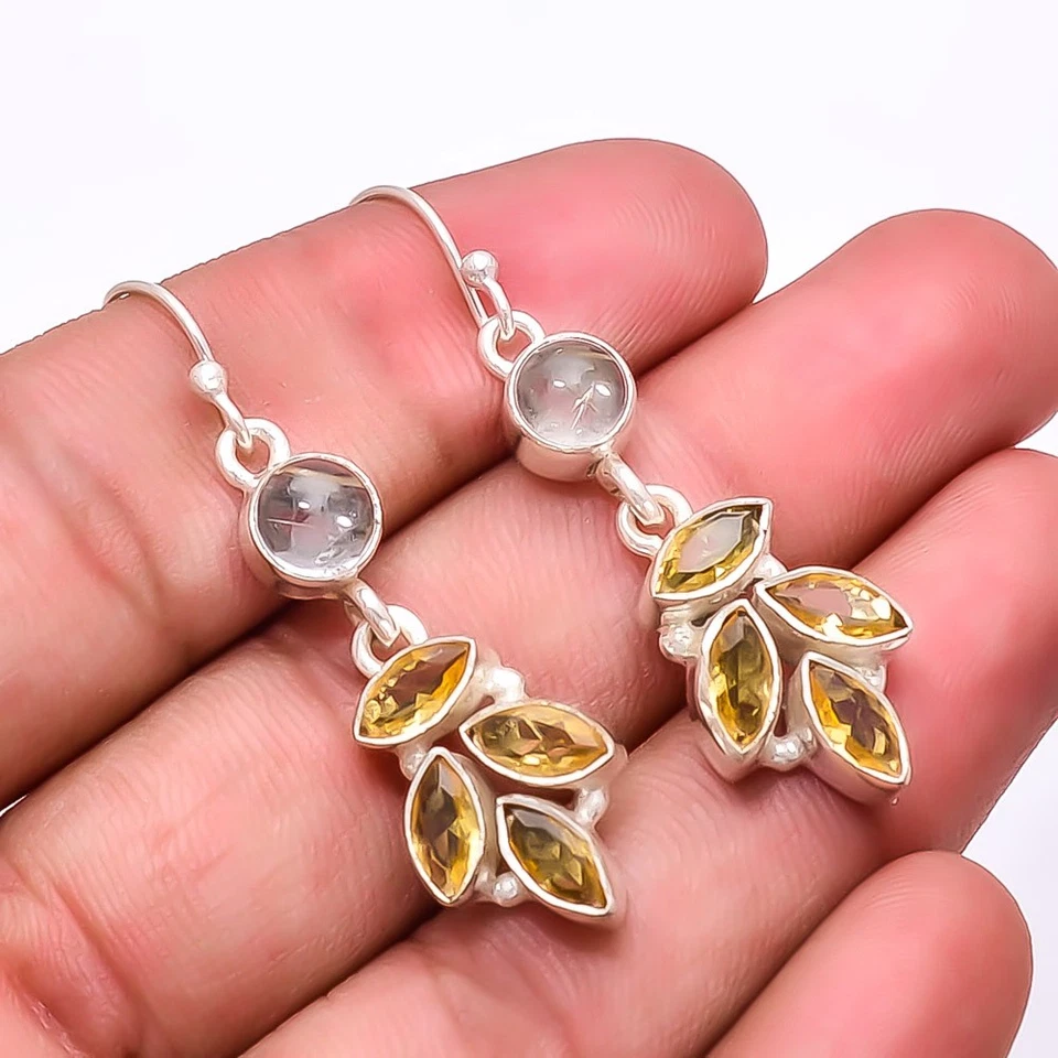 Golden Rutilated Quartz Multi Collet 925 Sterling Silver Earring 2.03" E19 - Image 1 of 4