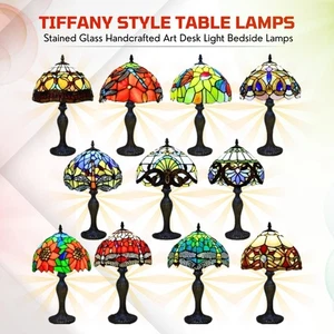Tiffany Style Table Lamps Stained Glass Handcrafted Art Desk Light Bedside Lamps - Picture 1 of 49