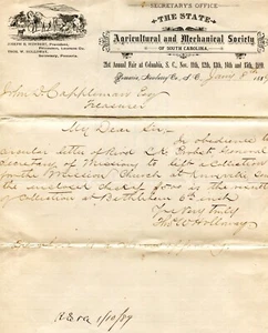 1889 SC AGRICULTURAL & MECHANICAL SOCIETY ILLUS LETTERHEAD COLUMBIA T W HOLLAWAY - Picture 1 of 2