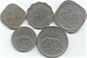 British India, George VI Set of 5 Coins, Half,1,2 Anna & Quarter, 1/2 Re 1946/47 - Picture 1 of 2
