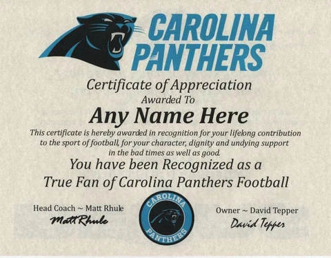 CAROLINA PANTHERS TRUE FAN ~ APPRECIATION CERTIFICATE ~   MAN CAVE ~ OFFICE Cover