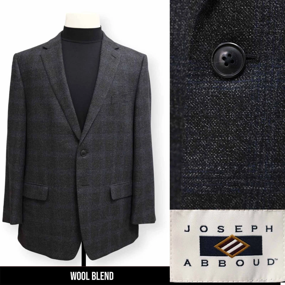 JOSEPH ABOUD mens charcoal windowpane WOOL sport coat suit jacket blazer 44 R* - Image 1 of 4