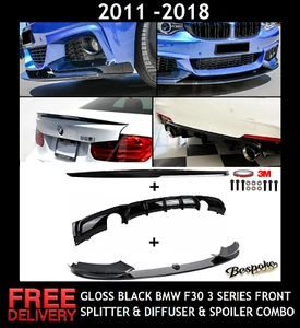 BMW 3 SERIES GLOSS BLACK FRONT SPLITTER REAR DIFFUSER LIP F30 M PERFORMANCE - Picture 1 of 14