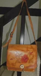 Vintage Handtasche Umhängetasche Leder handbesetzt ROSE Blume - Bild 1 von 24