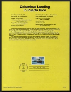 USA, SCOTT # 2805, SOUVENIR PAGE YEAR 1993 COLUMBUS LANDING IN PUERTO RICO - Picture 1 of 1