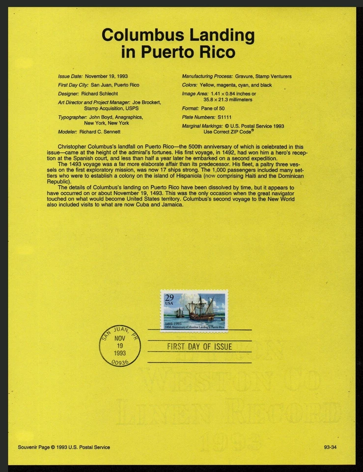 USA, SCOTT # 2805, SOUVENIR PAGE YEAR 1993 COLUMBUS LANDING IN PUERTO RICO - Image 1 of 1