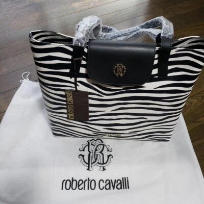 Roberto Cavalli Tote Bag Handbag Purse Leather Zebra Animal Print NEW - Image 1 of 4