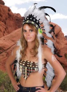 Headdress White Feather Native American Hat Headband Costume Handmade Indian