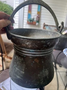 Antique Primitive Copper Pot Cauldron Kettle Etched Brass Handle Late 1800s - Picture 1 of 17
