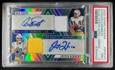 2020 Phoenix Dan Fouts Justin Herbert Dual Patch Auto Green #1/5 Chargers PSA 9 - Image 1 of 2