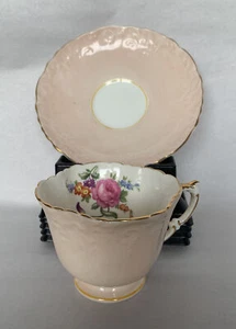 Vtg. Aynsley England Cabbage Rose Pink Gold Embossed Bone China Tea Cup & Saucer - Picture 1 of 9