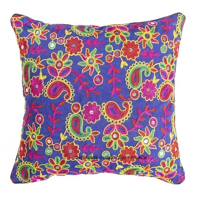 Nueva Funda Cojín India Vintage Seda Bordada Azul Paisley Decoración Tiro Foto 1 de 3