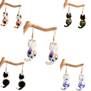 Cute Enamel Cat Design Dangle Earrings Cartoon Jewelry Adorable Gift Women Gift - Picture 1 of 17