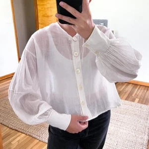Emily Levine 100% Cotton White Sheer Seashell Button Down Coastal Shirt S/M - Picture 1 of 9