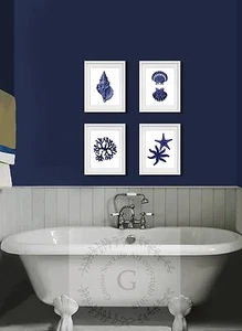 Navy Blue Beach Wall Art Decor Set of 4 Unframed Prints Coastal Home Decor - Picture 1 of 4